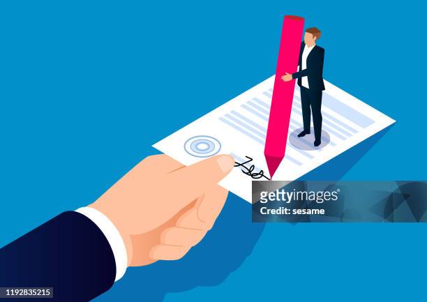 little businessman signs a contract with a giant - agreement stock illustrations