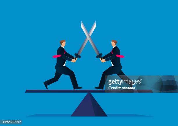 two businessmen dueling with swords on seesaw - dueling stock illustrations
