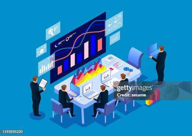 team analysis and summary of work progress and data management - customer engagement stock illustrations