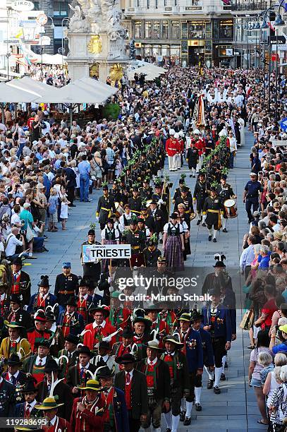 The cortege make it's way through the historic downtown districts during the funeral ceremony for Otto von Habsburg on July 16, 2011 in Vienna,...