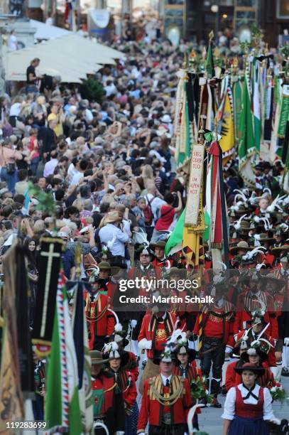 The cortege make it's way through the historic downtown districts during the funeral ceremony for Otto von Habsburg on July 16, 2011 in Vienna,...