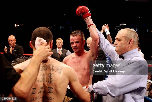 Frankie Gavin is announced the winner during the WBO Intercontinental Welterweight Championship bout with Curtis Woodhouse bout at Echo Arena on July...