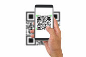 Hand holding smartphone scanning QR code on white background, business concept