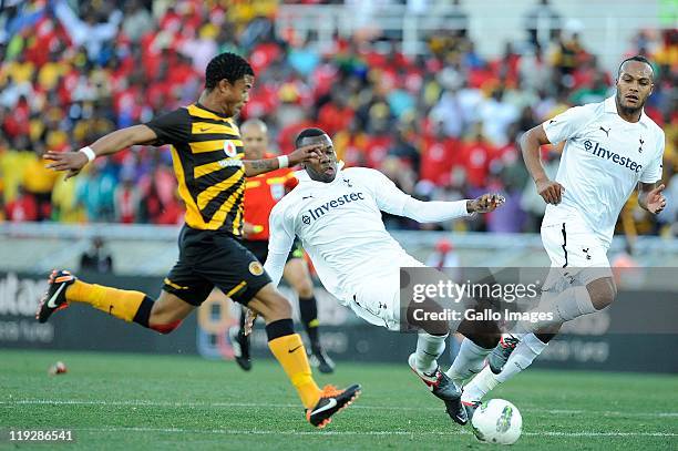 George Lebese of Chiefs scores the goal while Bongani Khumalo and Younes Kaboul of Tottenham try to clear during the 2011 Vodacom Challenge match...