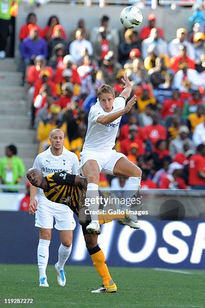 Kaizer Motaung Jr. Of Chiefs and Michael Dawson of Tottenham during the 2011 Vodacom Challenge match between Kaizer Chiefs and Tottenham Hotspur at...