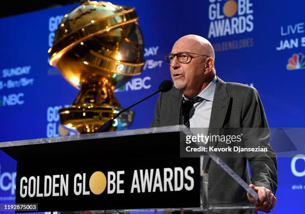 President of the Hollywood Foreign Press Association, Lorenzo Soria speaks at the 77th Annual Golden Globe Awards Nominations Announcement at The...