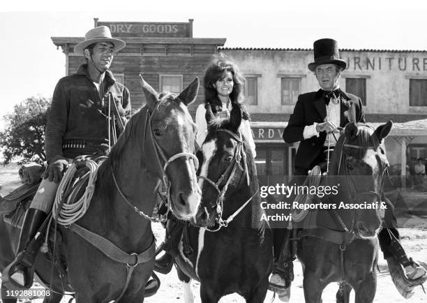 American actors Dean Martin , Raquel Welch and James Stewart acting in Bandolero! USA, 23rd May 1968