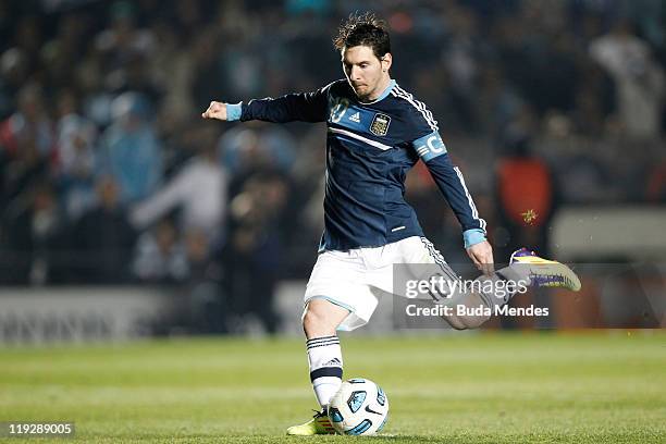 Lionel Messi, from Argentina, kicks the ball during a match between Argentina and Uruguay as part od the Quarter Fina of the Copa America 2011 at...