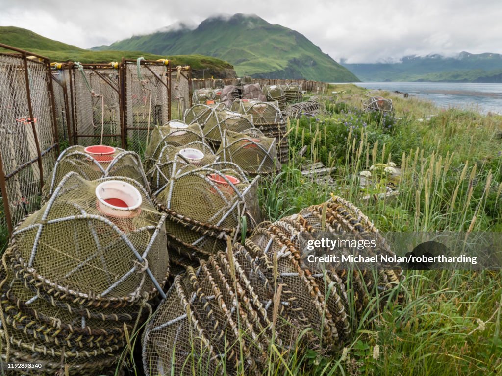 Crab fishing pots being stored at the dock in Dutch Harbor in the community of Unalaska, Alaska, United States of America, North America