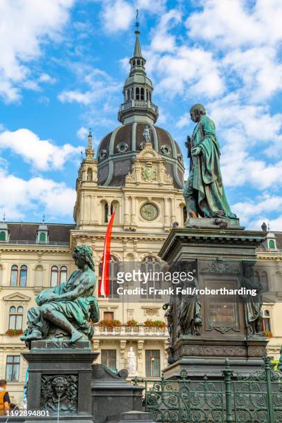 view of erzherzog-johann-brunnen and the rathaus visible in background, graz, styria, austria, europe - graz austria stock pictures, royalty-free photos & images