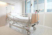 Soft focus background of electrical adjustable patient bed in hospital room