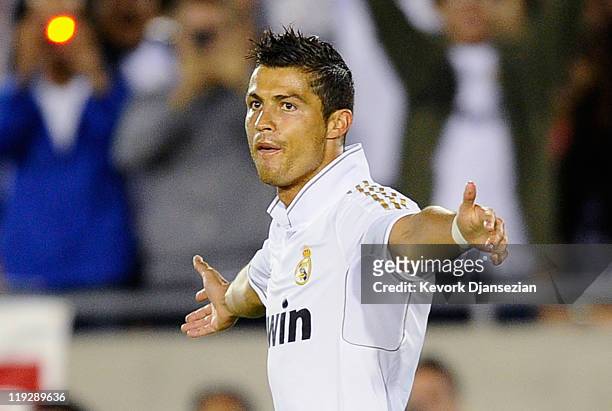 Cristiano Ronaldo of Real Madrid celebrates his goal against Los Angeles Galaxy during the Herbalife World Challenge 2011 friendly soccer game at Los...