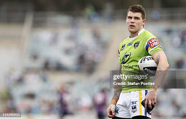 Josh Dugan of the Raiders reacts after the Storm score a try during the round 19 NRL match between the Canberra Raiders and the Melbourne Storm at...