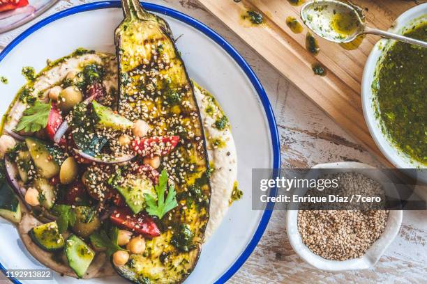 grilled eggplant healthy dinner close-up - 7cero stock pictures, royalty-free photos & images