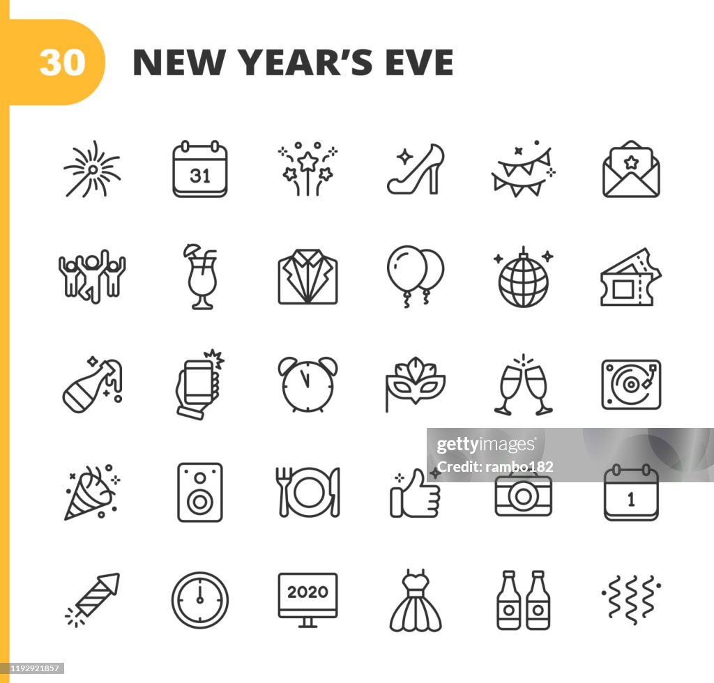 New Year's Eve Icons. Editable Stroke. Pixel Perfect. For Mobile and Web. Contains such icons as New Year's Eve, Party, Fireworks, Music, Dancing, Drinking, Champagne, Countdown, Celebration, High Heel Shoes, Restaurant, Suit.