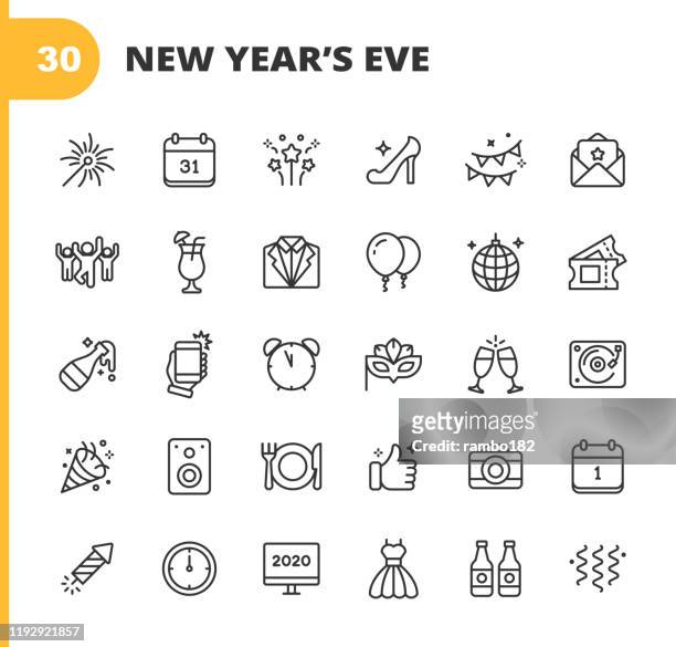 new year's eve icons. editable stroke. pixel perfect. for mobile and web. contains such icons as new year's eve, party, fireworks, music, dancing, drinking, champagne, countdown, celebration, high heel shoes, restaurant, suit. - new year 2019 stock illustrations