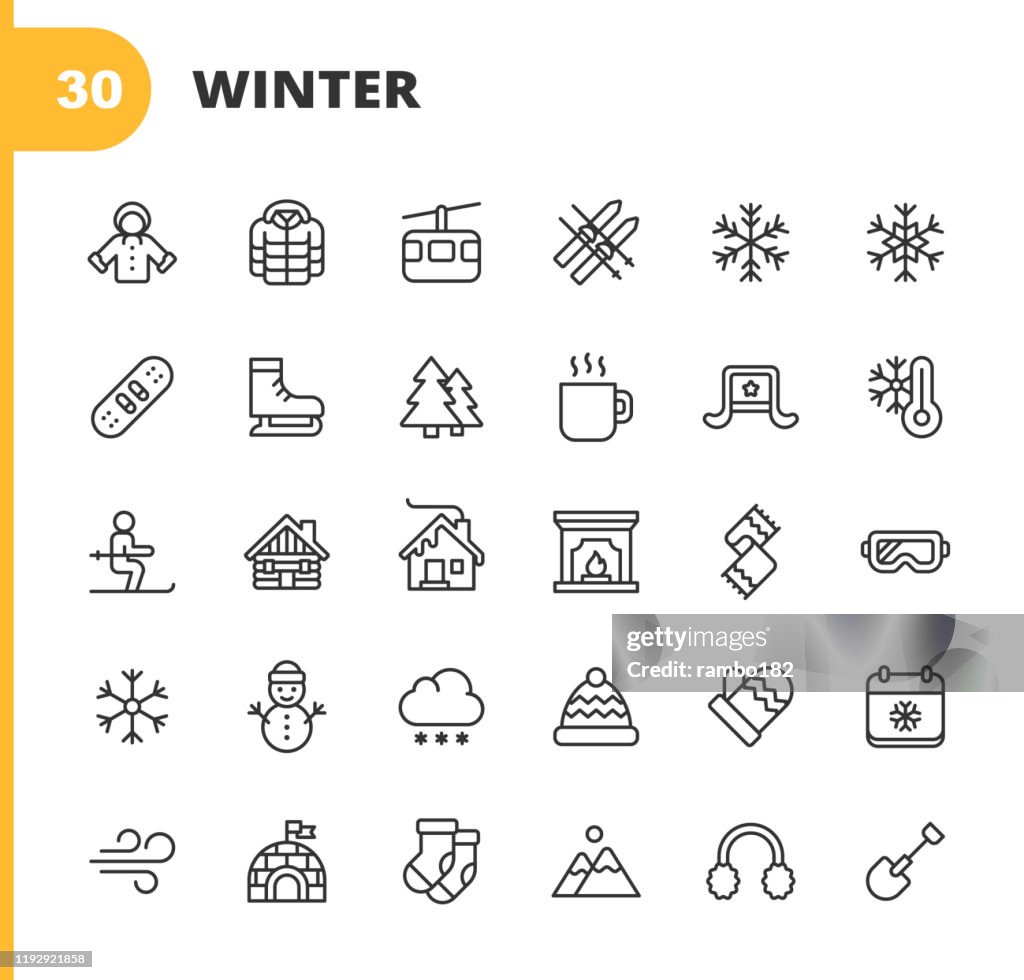 Winter Icons. Editable Stroke. Pixel Perfect. For Mobile and Web. Contains such icons as Winter, Season, Snow, Skiing, Christmas, Christmas Tree, Snowman, Hot Drink, Skates, Jacket, Glove, Skiing, Fireplace, Igloo.