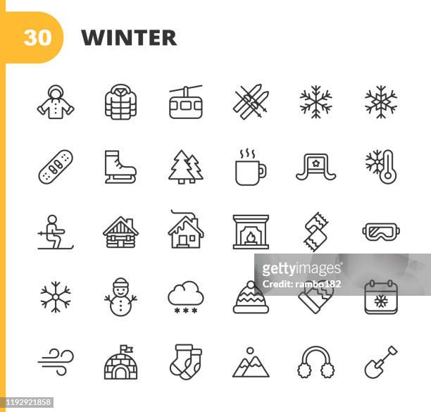 winter icons. editable stroke. pixel perfect. for mobile and web. contains such icons as winter, season, snow, skiing, christmas, christmas tree, snowman, hot drink, skates, jacket, glove, skiing, fireplace, igloo. - skiing stock illustrations