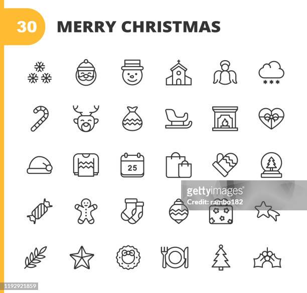 stockillustraties, clipart, cartoons en iconen met kerst iconen. bewerkbare lijn. pixel perfect. voor mobiel en internet. bevat dergelijke iconen zoals kerstmis, kerst decoratie, kerstman, kerstcadeau, sneeuwvlok, winter, kerstmuts, religie, kerk, viering, snoep, rendieren. - speculaastaart