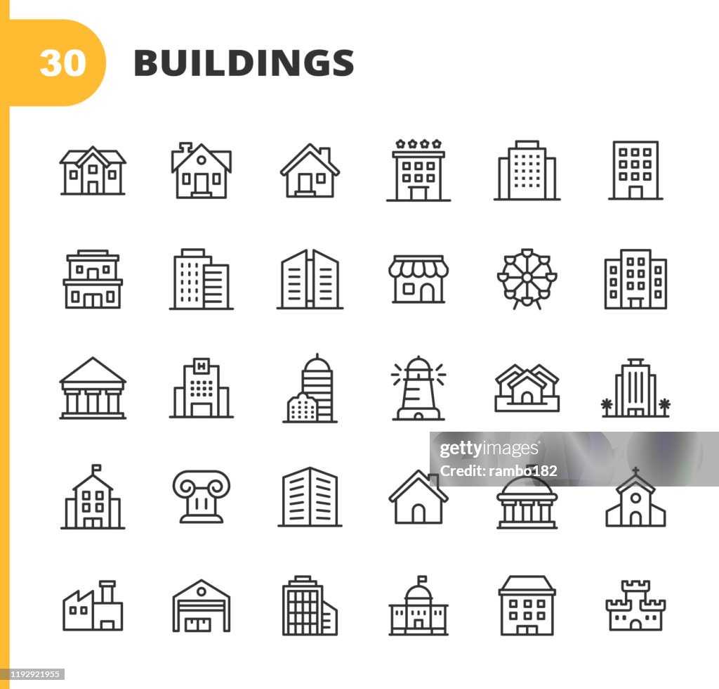 Pictogrammen voor het opbouwen van lijnen. Bewerkbare lijn. Pixel perfect. Voor mobiel en Internet. Bevat dergelijke iconen als gebouw, architectuur, bouw, onroerend goed, huis, huis, school, Hotel, kerk, kasteel.