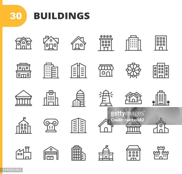 building line icons. editable stroke. pixel perfect. for mobile and web. contains such icons as building, architecture, construction, real estate, house, home, school, hotel, church, castle. - house stock illustrations