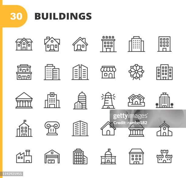 構建線圖示。可編輯描邊。圖元完美。適用于移動和 web。包含如建築， 建築， 建築， 房地產， 房子， 家， 學校， 酒店， 教堂， 城堡等圖示. - human settlement 幅插畫檔、美工圖案、卡通及圖標