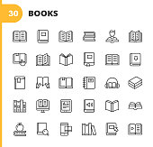 Book Line Icons. Editable Stroke. Pixel Perfect. For Mobile and Web. Contains such icons as Book, Open Book, Notebook, Reading, Writing, E-Learning, Audiobook.