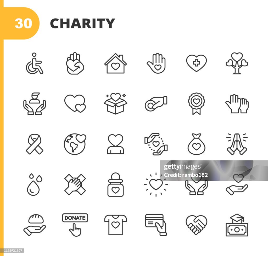 Charity und Spende Linie Icons. Bearbeitbarer Strich. Pixel perfekt. Für Mobile und Web. Enthält Symbole wie Nächstenliebe, Spende, Spenden, Lebensmittelspende, Teamarbeit, Relief.