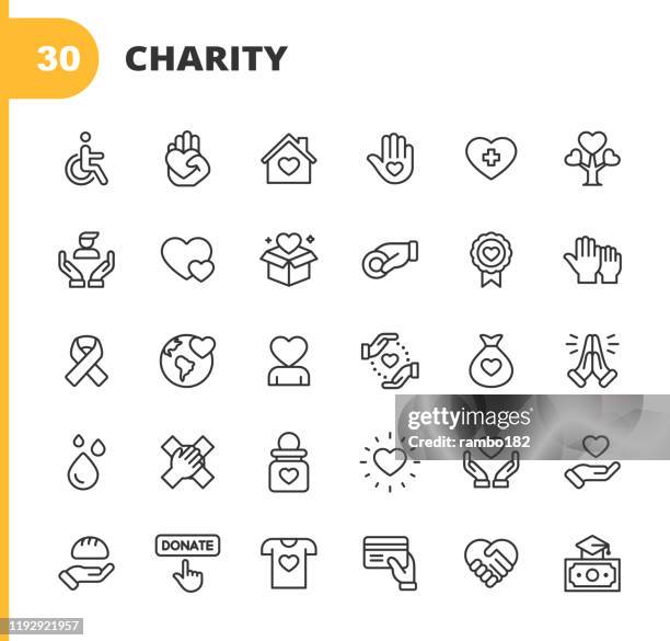 illustrazioni stock, clip art, cartoni animati e icone di tendenza di icone della linea di beneficenza e donazione. tratto modificabile. pixel perfetto. per dispositivi mobili e web. contiene icone come beneficenza, donazione, donazione, donazione di cibo, lavoro di squadra, sollievo. - donazione
