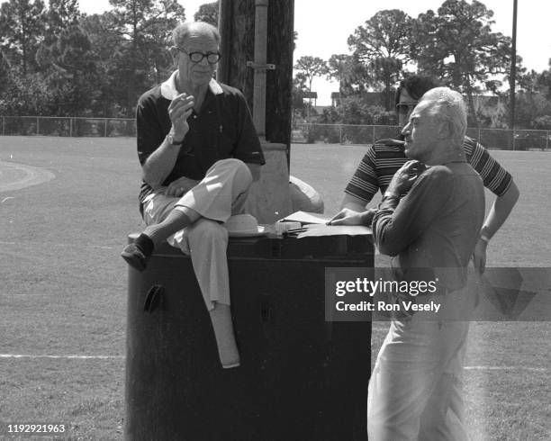Major League Baseball Players Association Executive Director Marvin Miller speaks with Chicago White Sox owner Bill Veeck prior to a major league...