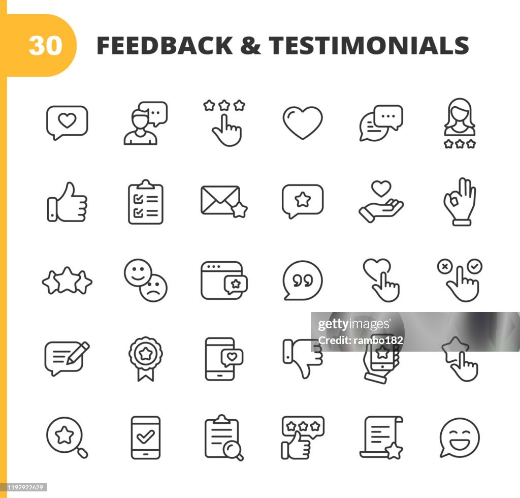 Iconos de la línea de comentarios y testimonios. Trazo editable. Píxel perfecto. Para móviles y web. Contiene iconos como Comentarios, Testimonios, Encuesta, Revisión, Portapapeles, Cara feliz, Botón Me gusta, Pulgares arriba, Insignia.
