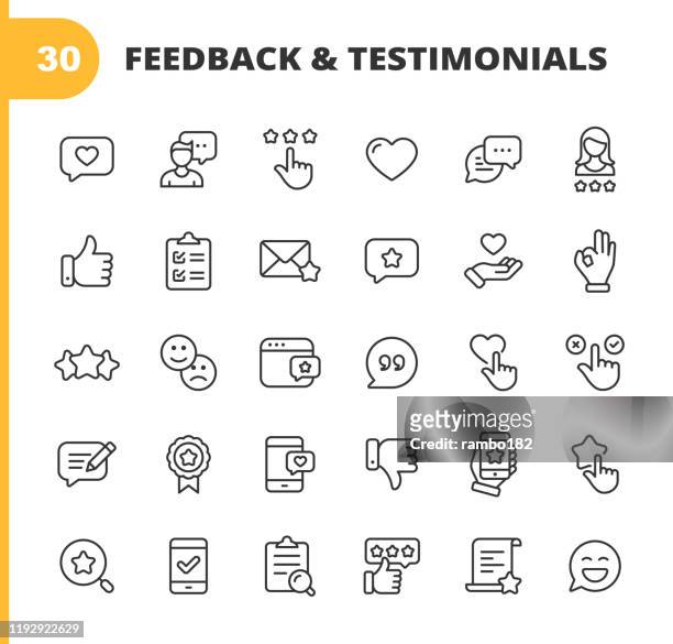 feedback and testimonials line icons. editable stroke. pixel perfect. for mobile and web. contains such icons as feedback, testimonials, survey, review, clipboard, happy face, like button, thumbs up, badge. - expertise stock illustrations