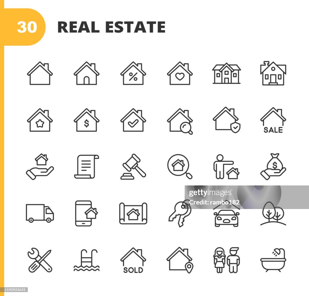 Immobilien Linie Icons. Bearbeitbarer Strich. Pixel perfekt. Für Mobile und Web. Enthält Symbole wie Gebäude, Familie, Schlüssel, Hypothek, Bau, Haushalt, Umzug, Renovierung, Blaupause, Garage.