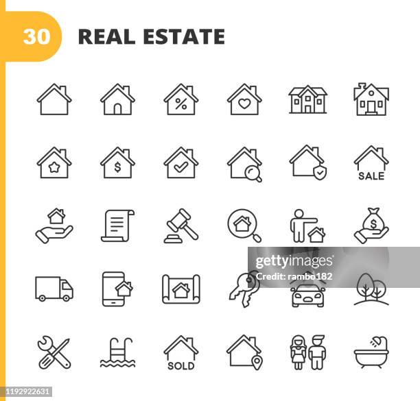 immobilien linie icons. bearbeitbarer strich. pixel perfekt. für mobile und web. enthält symbole wie gebäude, familie, schlüssel, hypothek, bau, haushalt, umzug, renovierung, blaupause, garage. - wohngebäude stock-grafiken, -clipart, -cartoons und -symbole