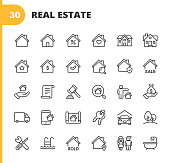 Real Estate Line Icons. Editable Stroke. Pixel Perfect. For Mobile and Web. Contains such icons as Building, Family, Keys, Mortgage, Construction, Household, Moving, Renovation, Blueprint, Garage.