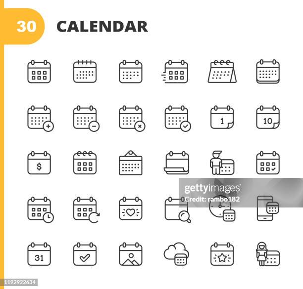 カレンダーの線のアイコン。編集可能なストローク。ピクセルパーフェクト。モバイルおよび web 用。カレンダー、予定、休日、時計、時間、締め切りなどのアイコンが含まれています。 - month点のイラスト素材／クリップアート素材／マンガ素材／アイコン素材
