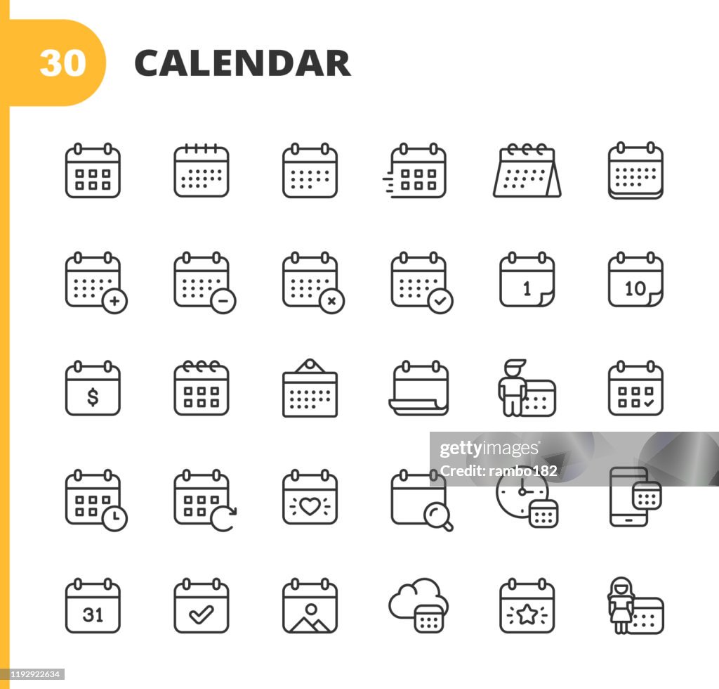 Calendar Line Icons. Editable Stroke. Pixel Perfect. For Mobile and Web. Contains such icons as Calendar, Appointment, Holiday, Clock, Time, Deadline.