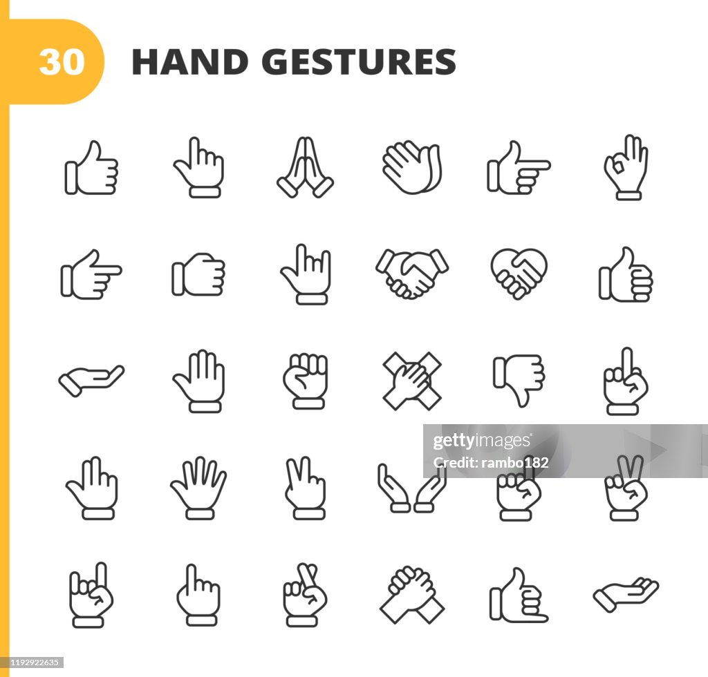 Iconos de línea de gestos de mano. Trazo editable. Píxel perfecto. Para móviles y web. Contiene iconos tales como Gesto, Mano, Caridad y Trabajo de Alivio, Dedo, Saludo, Apretón de Manos, Una Mano Ayuda, Aplausos, Trabajo en Equipo.