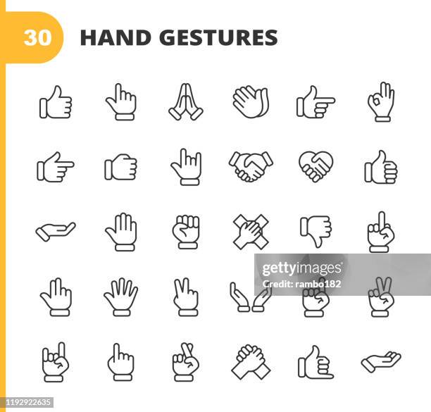 ilustrações de stock, clip art, desenhos animados e ícones de hand gestures line icons. editable stroke. pixel perfect. for mobile and web. contains such icons as gesture, hand, charity and relief work, finger, greeting, handshake, a helping hand, clapping, teamwork. - mãos juntas
