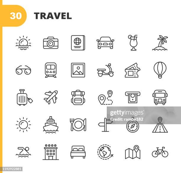 stockillustraties, clipart, cartoons en iconen met travel line iconen. bewerkbare lijn. pixel perfect. voor mobiel en internet. bevat dergelijke iconen zoals camera, cocktail, paspoort, zonsondergang, vliegtuig, hotel, cruiseschip, geldautomaat, palm boom, rugzak, restaurant. - holiday event