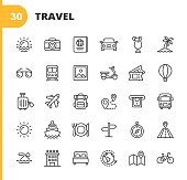 Travel Line Icons. Editable Stroke. Pixel Perfect. For Mobile and Web. Contains such icons as Camera, Cocktail, Passport, Sunset, Plane, Hotel, Cruise Ship, ATM, Palm Tree, Backpack, Restaurant.