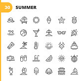 Summer Line Icons. Editable Stroke. Pixel Perfect. For Mobile and Web. Contains such icons as Summer, Beach, Party, Sunbed, Sun, Swimming, Travel, Watermelon, Cocktail, Beach Ball, Cruise, Palm Tree.