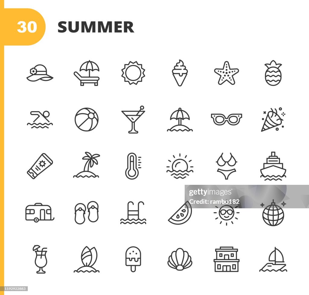 Summer Line Icons. Editable Stroke. Pixel Perfect. For Mobile and Web. Contains such icons as Summer, Beach, Party, Sunbed, Sun, Swimming, Travel, Watermelon, Cocktail, Beach Ball, Cruise, Palm Tree.