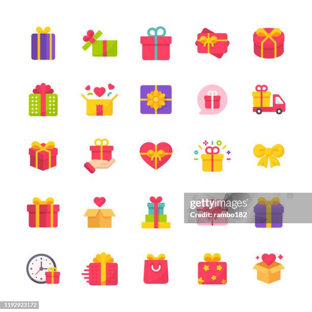 gift flat icons. material design icons. pixel perfect. for mobile and web. contains such icons as gift, present, birthday, love, friendship, celebration, ribbon, gift box, party. - gift box stock illustrations