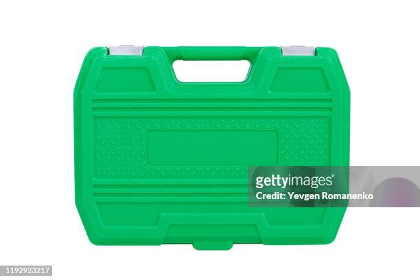 green plastic case isolated on a white background - werkzeugkasten stock-fotos und bilder