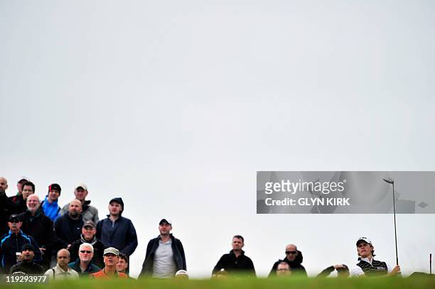 English golfer Tom Lewis tees off from the 7th Tee on the final day of the 140th British Open Golf championship at Royal St George's in Sandwich,...