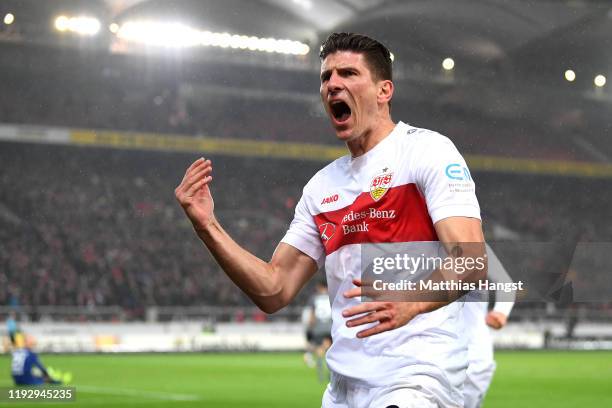 Mario Gomez of VfB Stuttgart celebrates after he scores his sides second goal during the Second Bundesliga match between VfB Stuttgart and 1. FC...