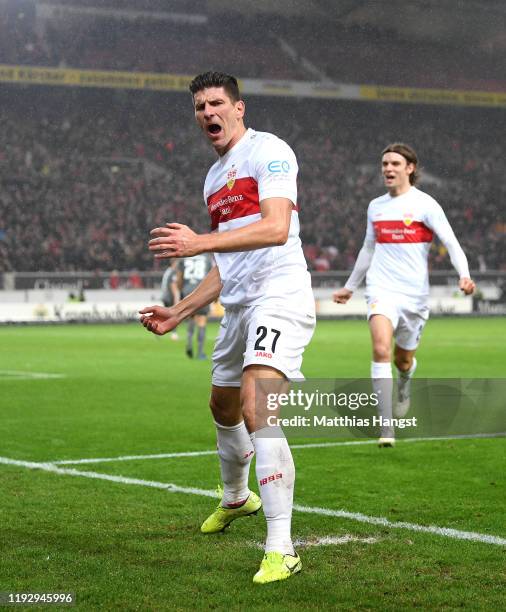 Mario Gomez of VfB Stuttgart celebrates after he scores his sides second goal during the Second Bundesliga match between VfB Stuttgart and 1. FC...