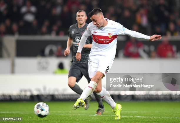Philipp Forster of VfB Stuttgart scores his sides third goal during the Second Bundesliga match between VfB Stuttgart and 1. FC Nürnberg at...