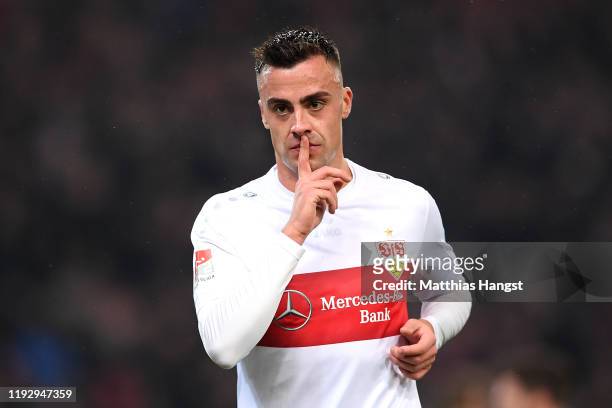 Philipp Forster of VfB Stuttgart celebrates after he scores his sides third goal during the Second Bundesliga match between VfB Stuttgart and 1. FC...